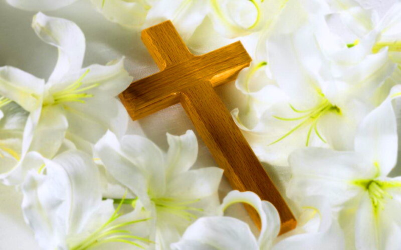 Wooden Cross on Lilies — White