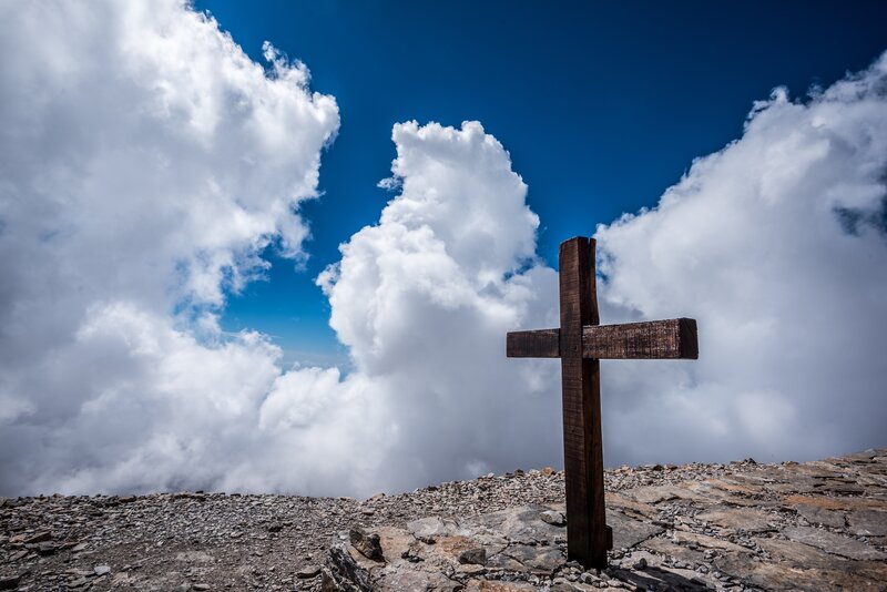 Wooden Cross on Mountain — Blue