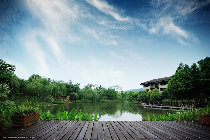 Wooden deck by a serene lake