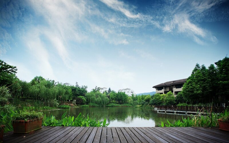 Wooden Deck by Lake — Blue