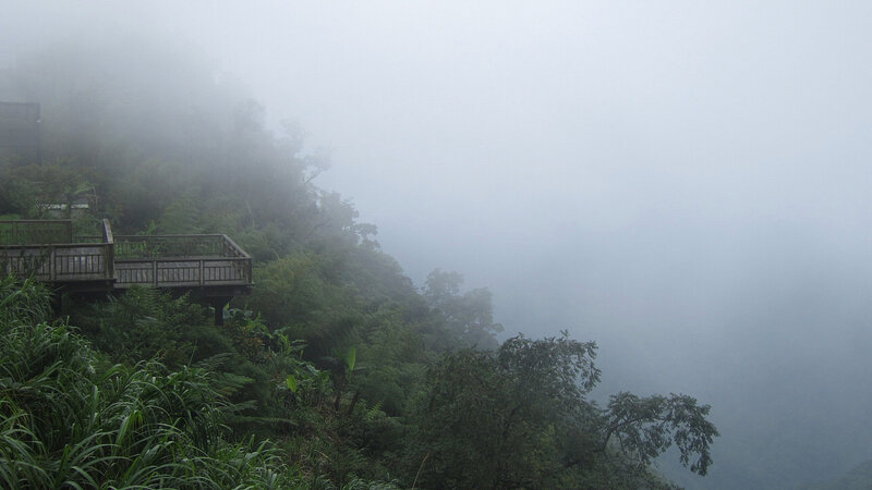 Wooden Deck on Foggy Hill
