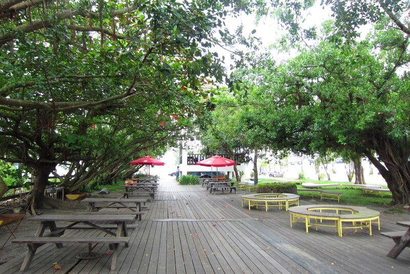 Wooden Deck with Picnic Tables