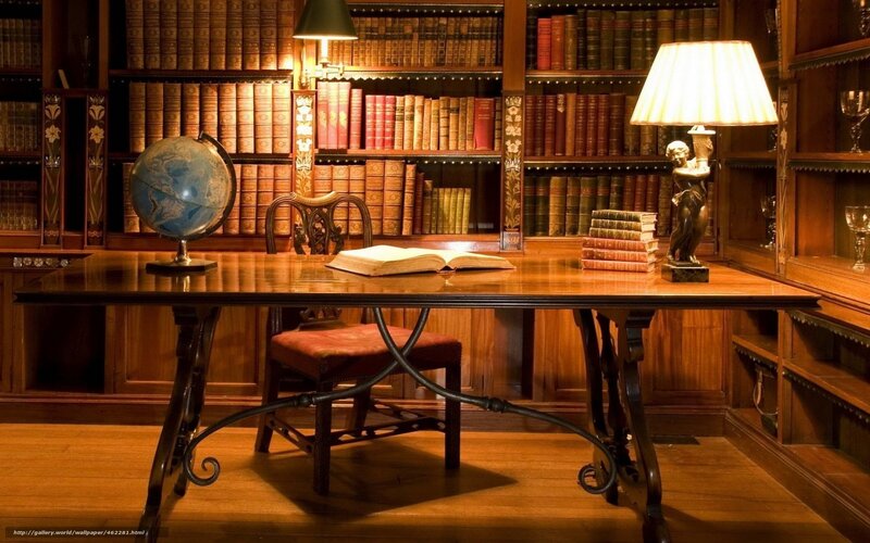 Wooden Desk in Library — Brown, Academic, Night, Photograph
