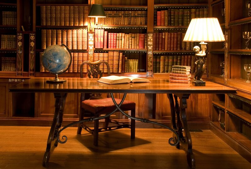 wooden desk in library
