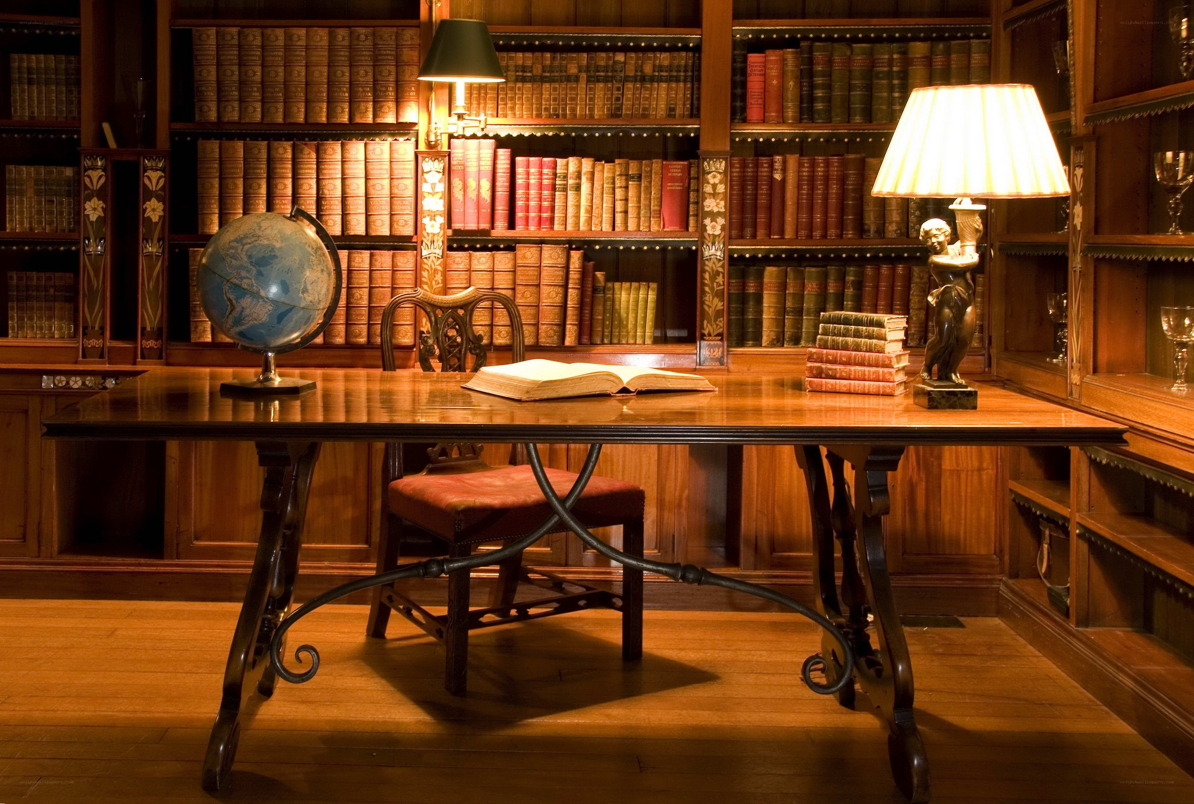 wooden desk in library