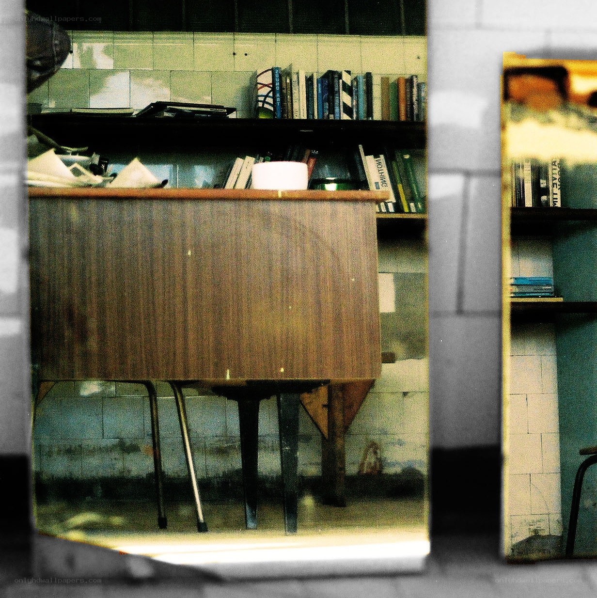 wooden desk with books