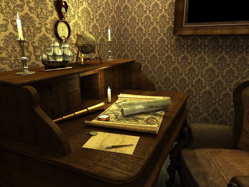 Wooden Desk with Maps — Brown