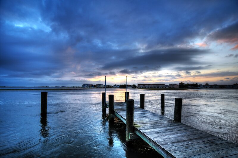 Wooden Dock at Dusk — Blue, Dramatic, Sunset