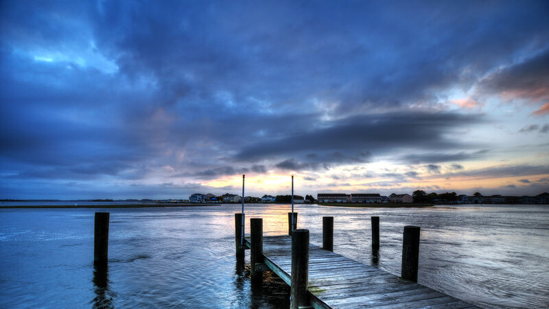 Wooden Dock at Dusk — Blue, Dramatic