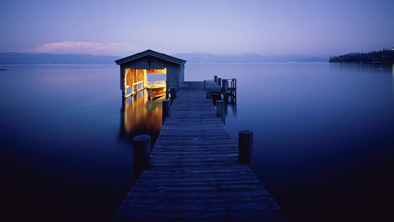 Wooden Dock at Dusk — Blue, Serene, Night, Photograph, Lake, Boathouse