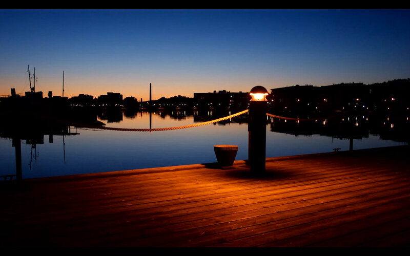 Wooden Dock at Dusk — Blue, Serene, Night, Photograph, Lamp
