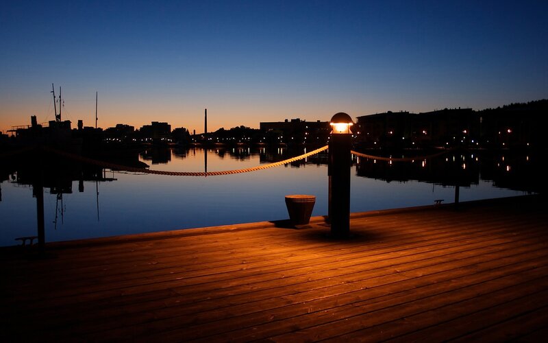 Wooden Dock at Dusk — Blue, Serene, Night, Photograph, Rope, Light