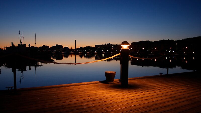 Wooden Dock at Dusk — Blue, Serene, Night, Photograph, Rope