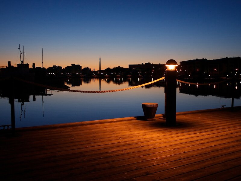 Wooden Dock at Dusk — Blue, Serene, Night, Photograph, Water