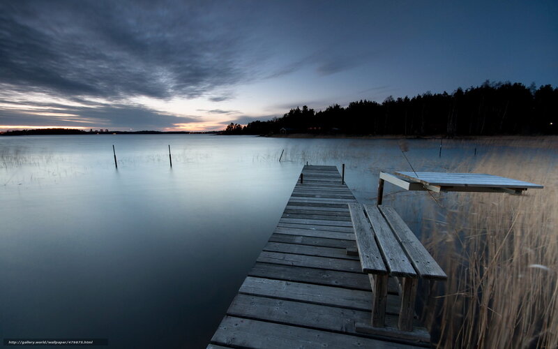 Wooden Dock at Dusk — Blue, Serene, Sunset, Photograph, Lake