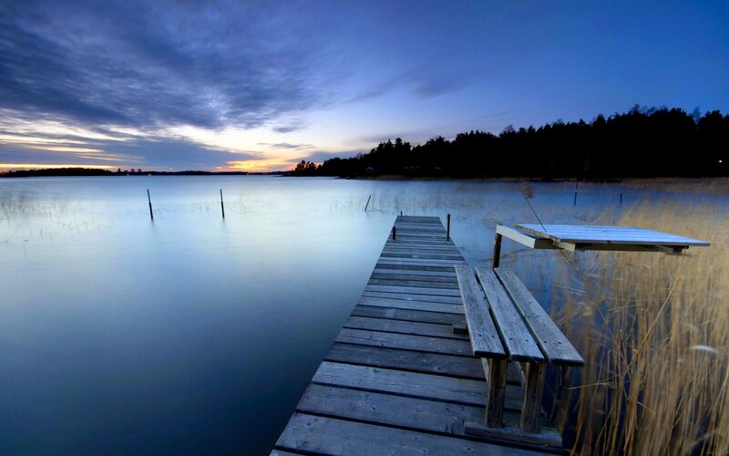 Wooden Dock at Dusk — Blue, Serene, Sunset, Photograph