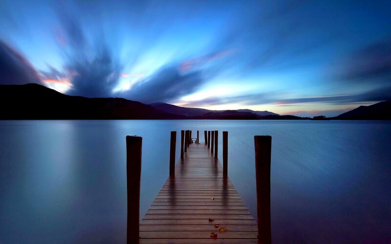 Wooden Dock at Dusk — Blue, Serene, Sunset