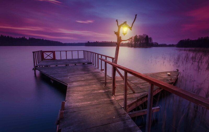 Wooden Dock at Dusk — Purple