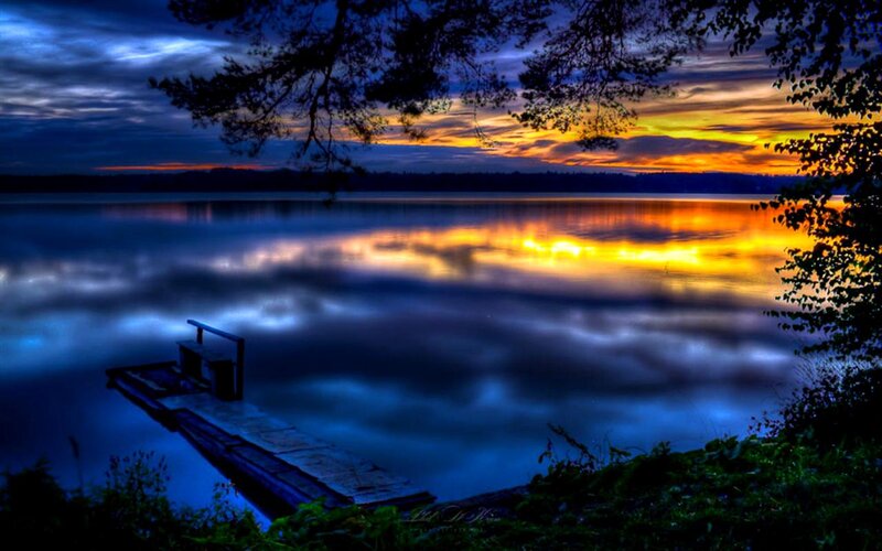Wooden Dock at Lake — Blue, Dramatic, Sunset