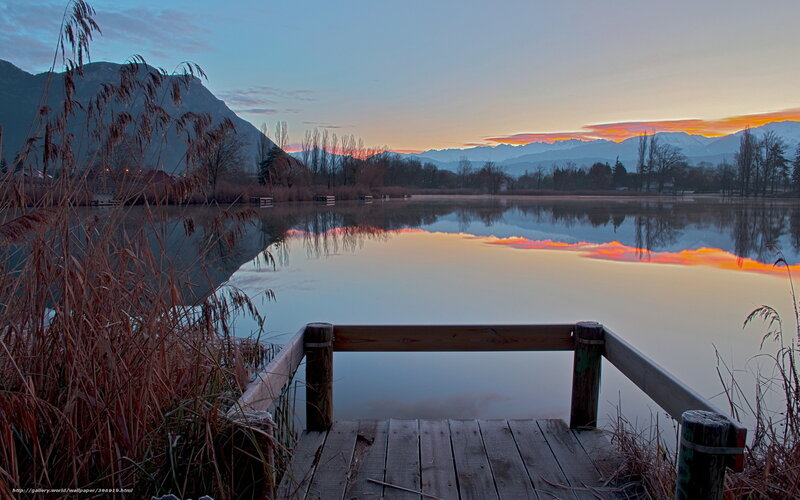 Wooden Dock at Lake — Blue, Serene, Sunset, Photograph