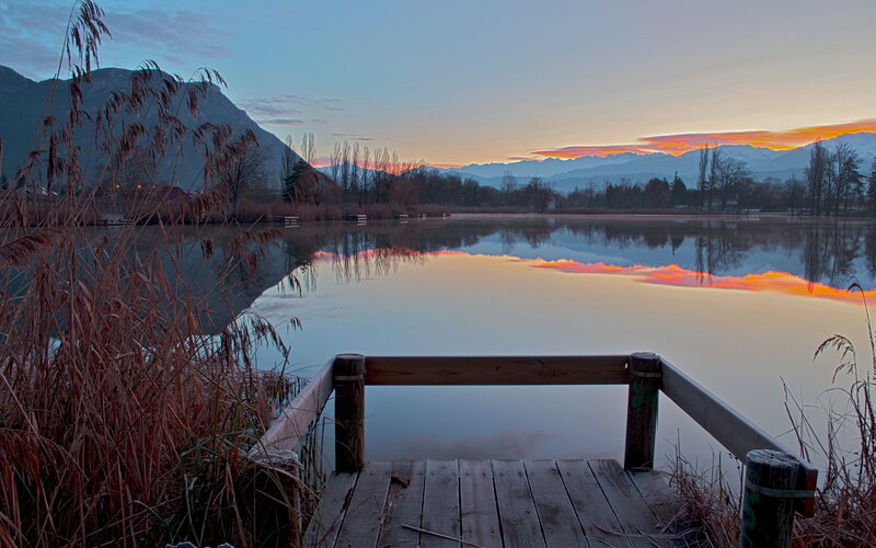 Wooden Dock at Lake — Blue, Serene, Sunset