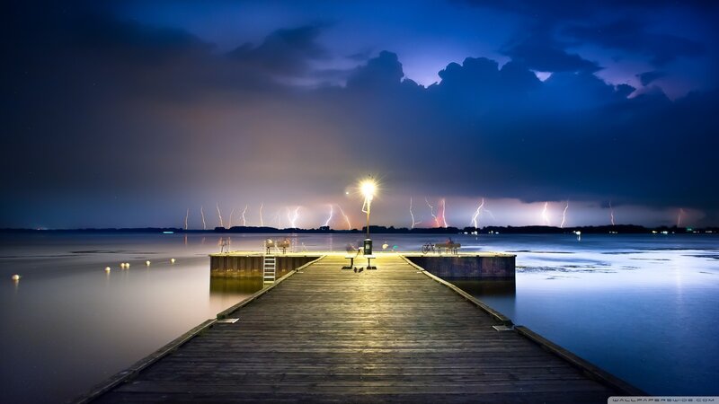 Wooden Dock at Night — Blue, Dramatic, Photograph