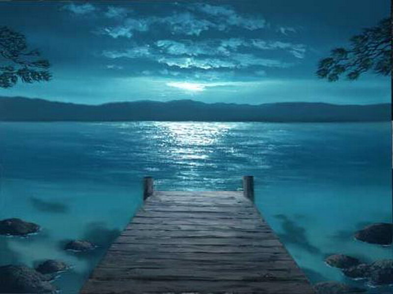 Wooden Dock at Night — Blue, Serene, Digital Art