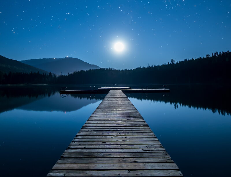 Wooden Dock at Night — Blue, Serene, Photograph, Moon