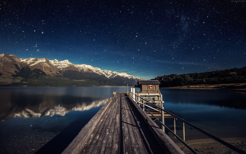 Wooden Dock at Night — Blue, Serene, Photograph, Mountains, Lake