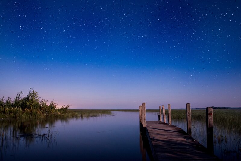 Wooden Dock at Night — Blue, Serene, Photograph, Stars