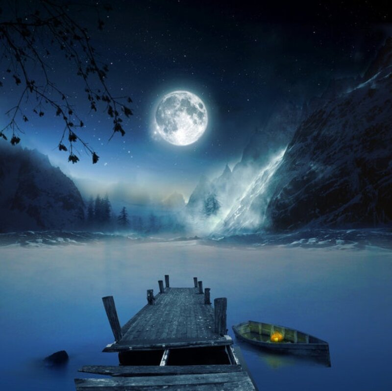 Wooden Dock at Night — Blue, Serene