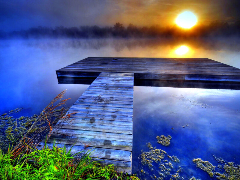 Wooden Dock at Sunrise — Blue, Serene