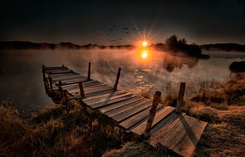 Wooden Dock at Sunrise — Orange, Serene, Photograph