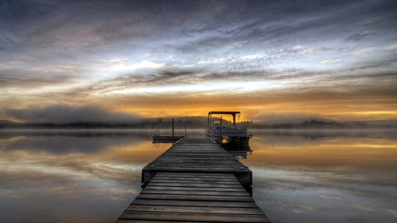 Wooden Dock at Sunrise — Orange, Serene
