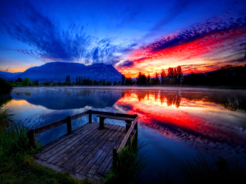 Wooden Dock at Sunset — Blue, Dramatic, Photograph, Lake, Mountain