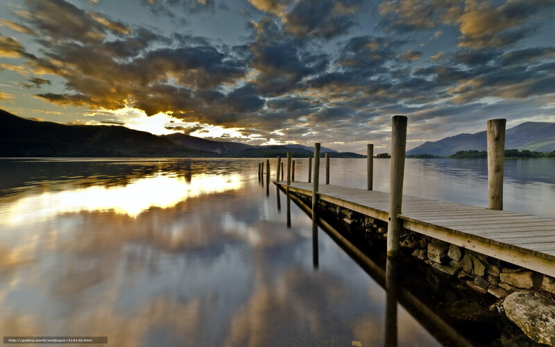 Wooden Dock at Sunset — Blue, Dramatic, Photograph, Lake, Mountains