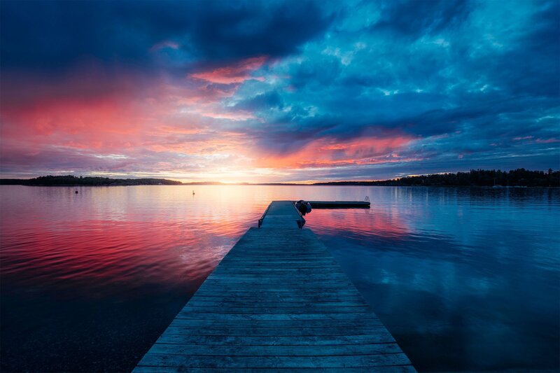Wooden Dock at Sunset — Blue, Dramatic, Photograph, Lake, Sky