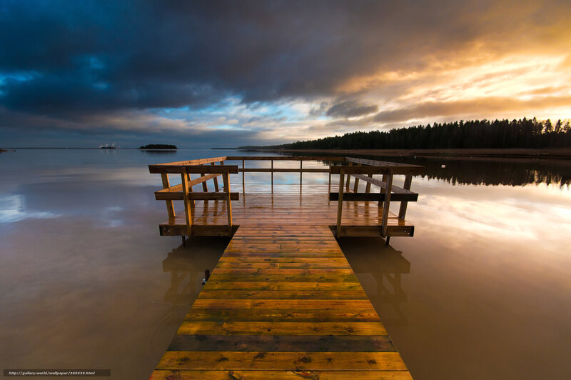 Wooden Dock at Sunset — Blue, Dramatic, Photograph, Lake, Trees