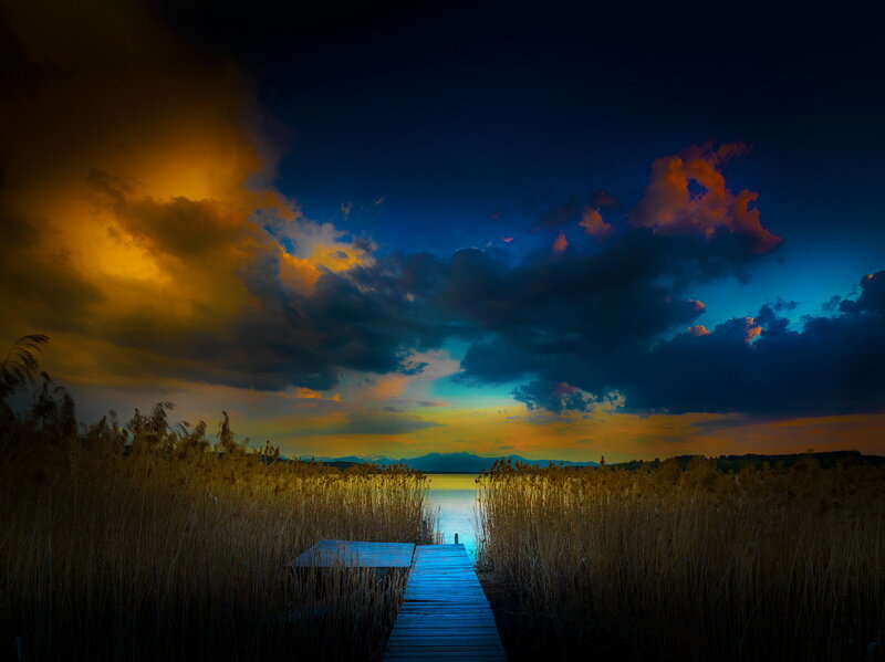 Wooden Dock at Sunset — Blue, Dramatic, Photograph, Reeds