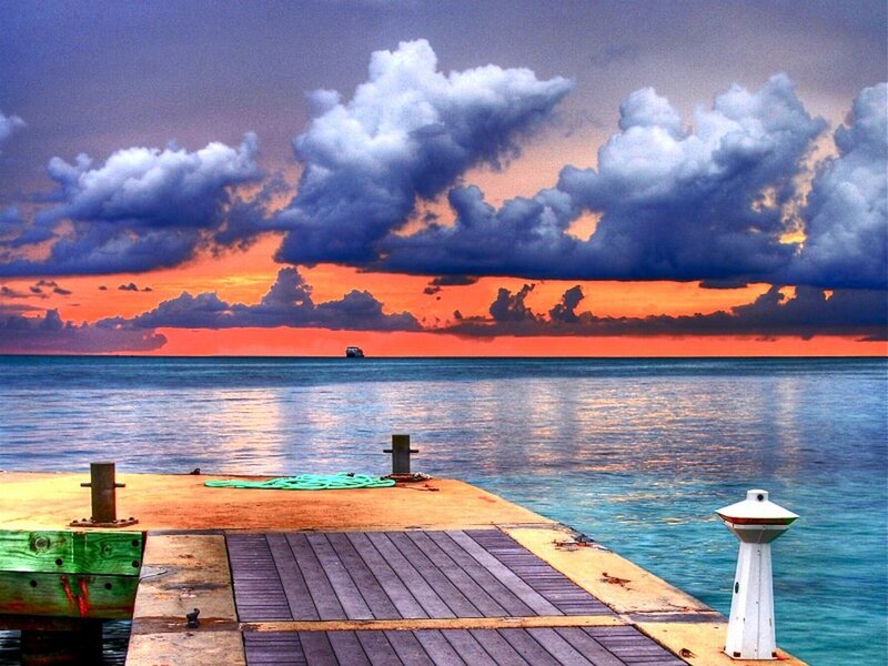 Wooden Dock at Sunset — Blue, Dramatic, Photograph