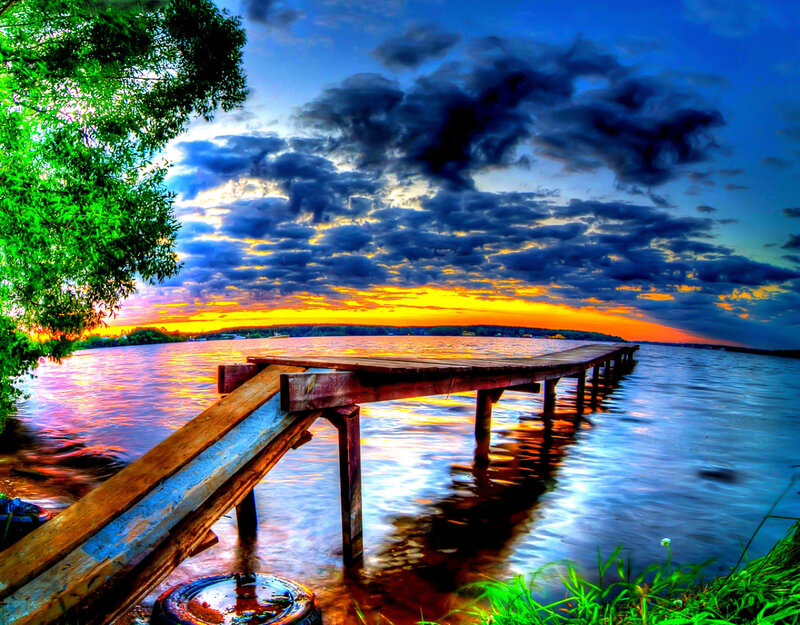 Wooden Dock at Sunset — Blue, Dramatic, Photograph, Tree
