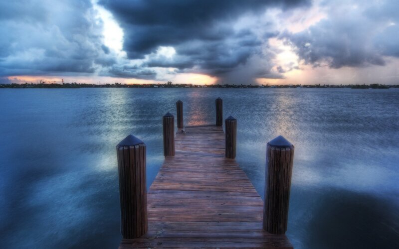 Wooden Dock at Sunset — Blue, Dramatic, Photograph, Water