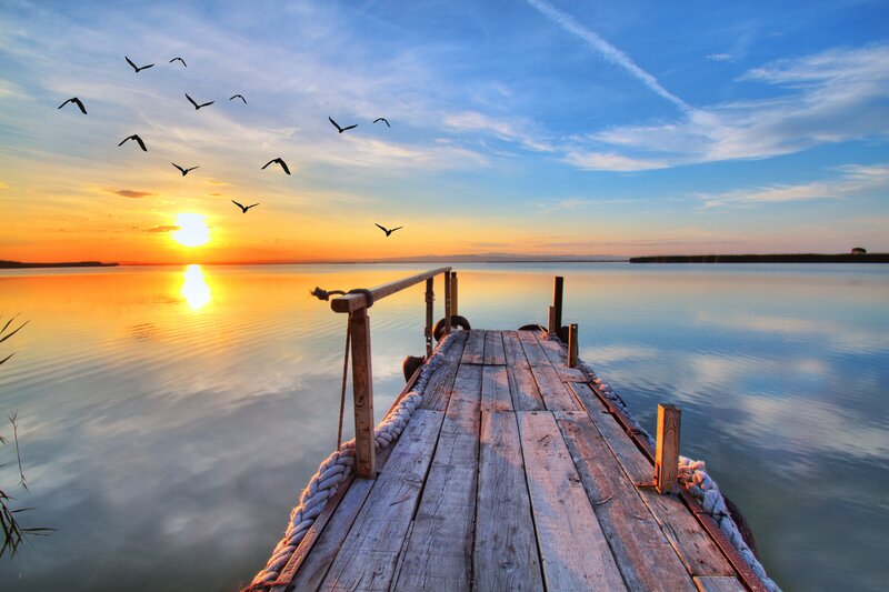 Wooden Dock at Sunset — Blue, Serene, Photograph, Birds, Sun