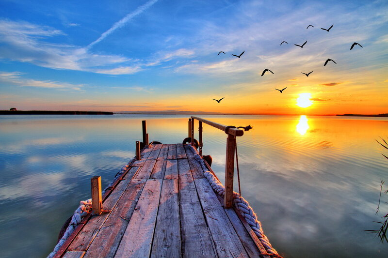 Wooden Dock at Sunset — Blue, Serene, Photograph, Birds