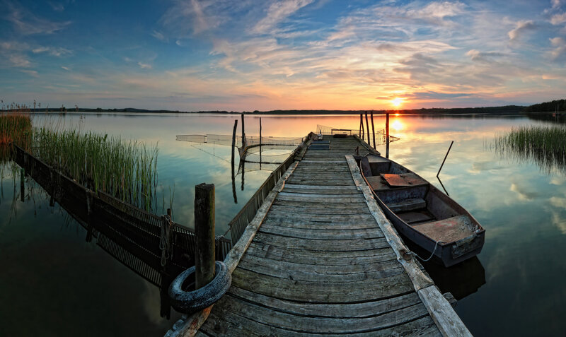 Wooden Dock at Sunset — Blue, Serene, Photograph, Boat, Lake