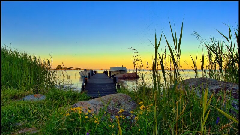 Wooden Dock at Sunset — Blue, Serene, Photograph, Boat, Reeds