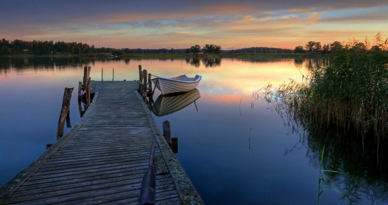 Wooden Dock at Sunset — Blue, Serene, Photograph, Boat