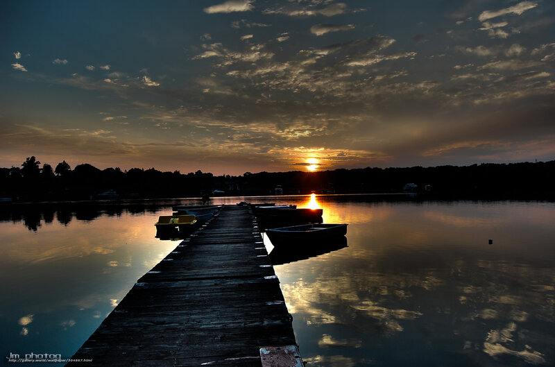 Wooden Dock at Sunset — Blue, Serene, Photograph, Boats