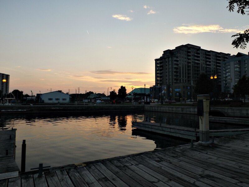 Wooden Dock at Sunset — Blue, Serene, Photograph, Buildings