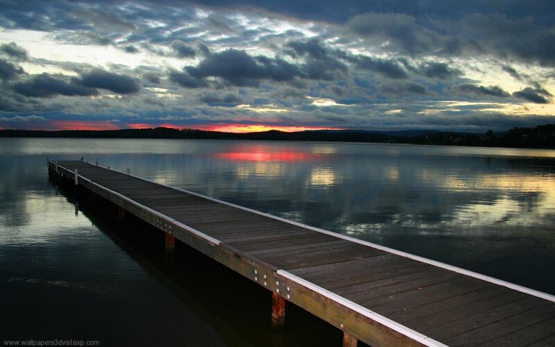 Wooden Dock at Sunset — Blue, Serene, Photograph, Lake, Clouds